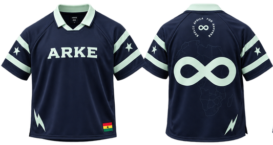 A navy short-sleeve athletic-style jersey shown from multiple angles with close-up detail panels. The shirt has pale mint green trim, white star and stripe accents, lightning bolt details, and a Ghana flag patch.