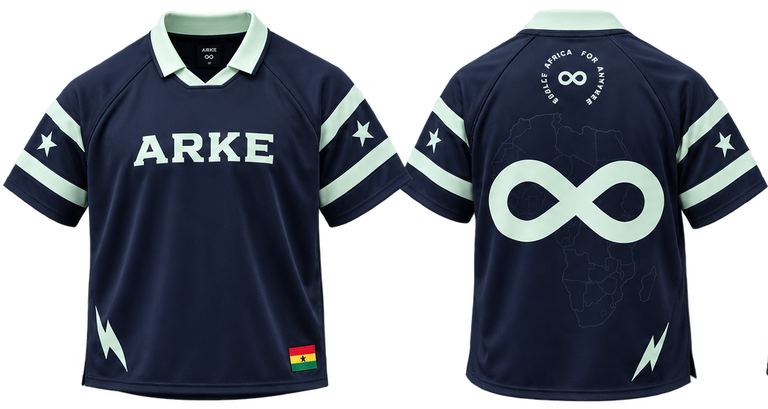 A navy short-sleeve athletic-style jersey shown from multiple angles with close-up detail panels. The shirt has pale mint green trim, white star and stripe accents, lightning bolt details, and a Ghana flag patch.