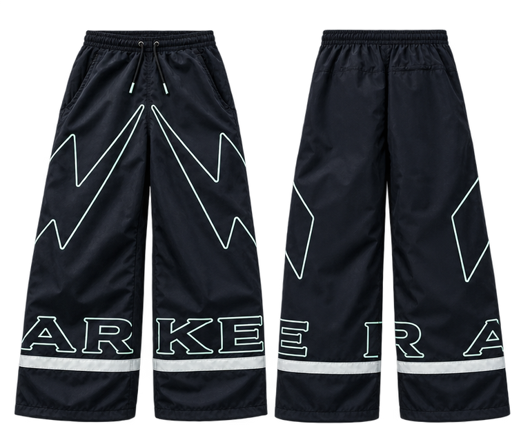 A multi-view product collage of black wide-leg sweatpants with white graphic patterns, 'ARKE' text, and reflective striping, including a model's lower body on the right and close-up detail insets along the bottom.