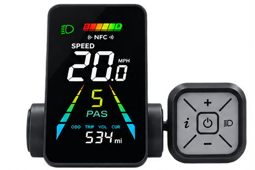 A set of electronic speed/range sensors and controller components shown from multiple angles on a plain white background. The products are black with small colored display graphics on the screen and a green connector plug visible on one piece.