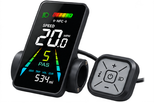 A set of electronic speed/range sensors and controller components shown from multiple angles on a plain white background. The products are black with small colored display graphics on the screen and a green connector plug visible on one piece.