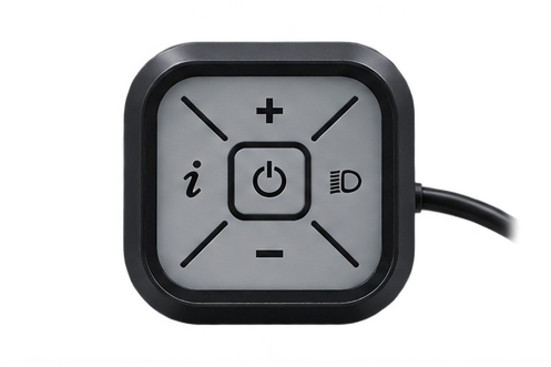A set of electronic speed/range sensors and controller components shown from multiple angles on a plain white background. The products are black with small colored display graphics on the screen and a green connector plug visible on one piece.